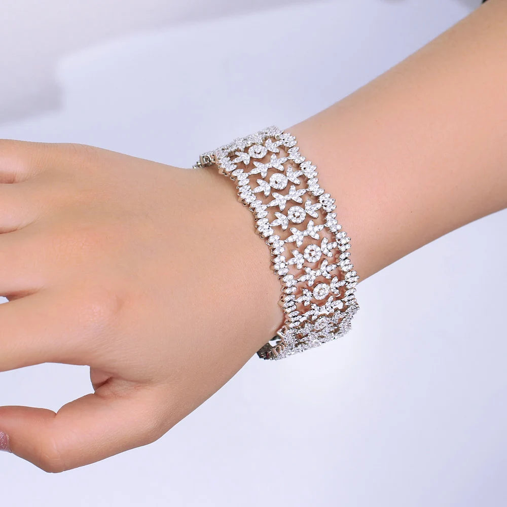 Micro Pave Full Cubic Zirconia Stones Wide Big Leaf Bracelets Bangles for Women Luxury CZ Bridal Jewelry Gift - EUFASHIONBAGS