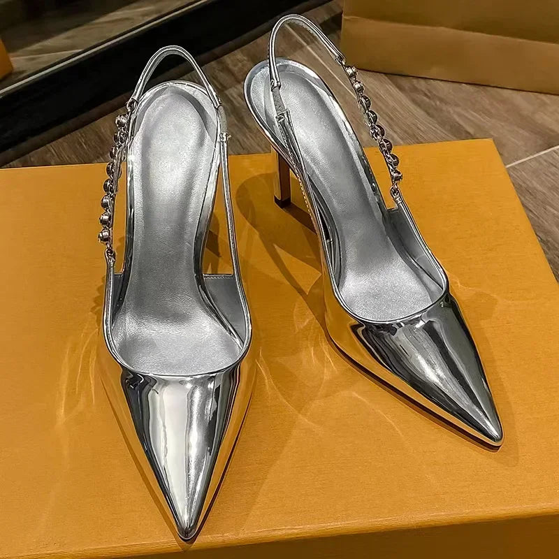 Shiny High Heels Sandals Women Pumps Metallic Crystal Slingback Pointy Toe Stiletto Heeled Shoes Silver Party Dress Shoes Woman