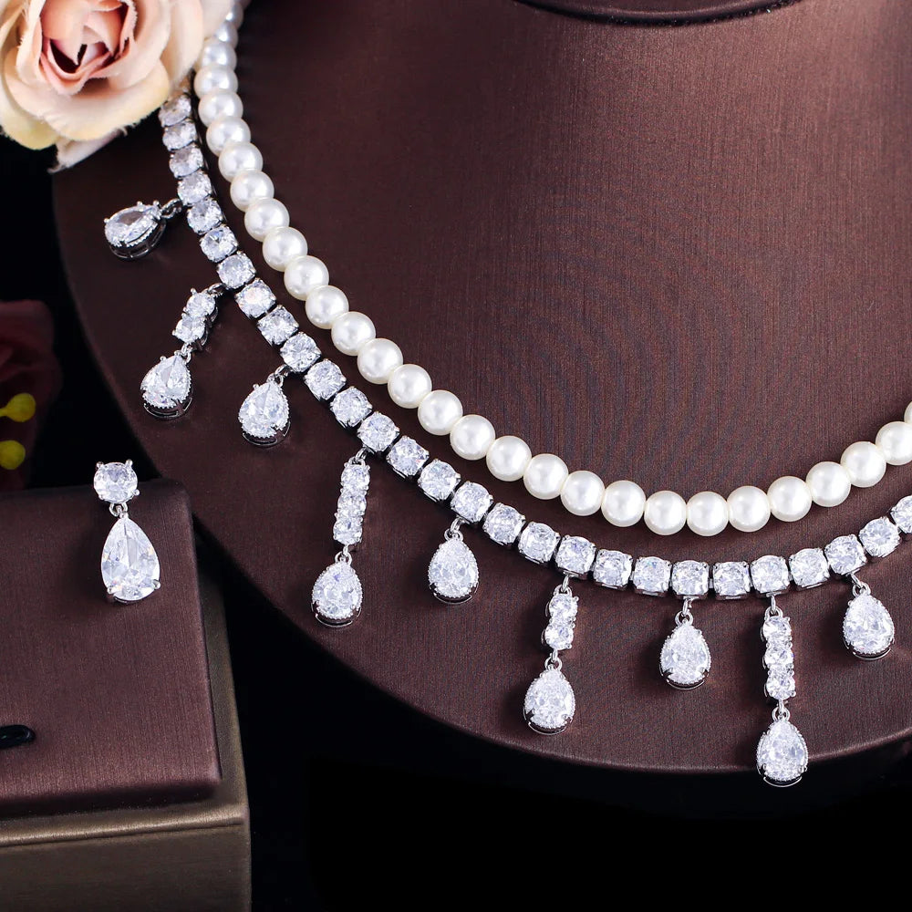 Shiny Tassel Water Drop Cubic Zirconia Big 2 Layer Pearl Necklace Bridal Jewelry Sets for Wedding Women Party - EUFASHIONBAGS