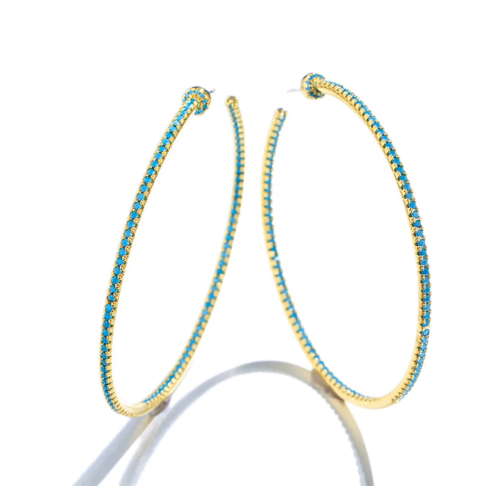 Extra Big Circle Round Blue Turquoise Stone Thin Hoop Earrings for Women New Fashion Engagement Jewelry Gift - EUFASHIONBAGS