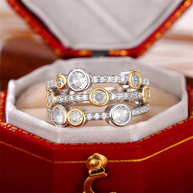 Personality Two Tone Three Line Rings Women Full Paved CZ Sparkling Female Wedding Bands Rings Modern Fashion New Jewelry