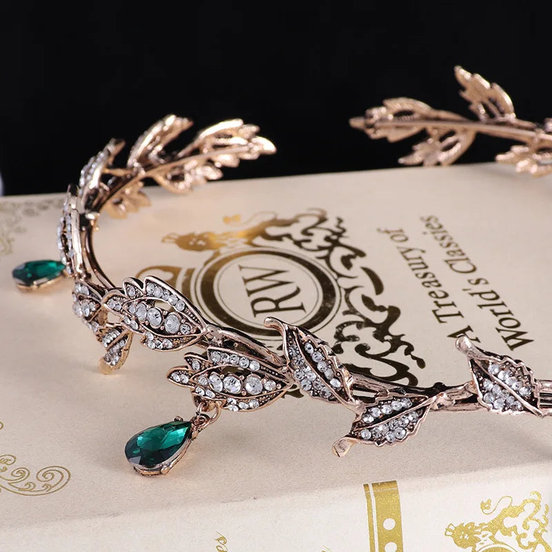 Vintage Bronze Emerald Green Fairy Crown Tiaras Crystal Leaves Elf Tiara Bandana Hair Accessories for Women Costume Hair Jewelry - EUFASHIONBAGS