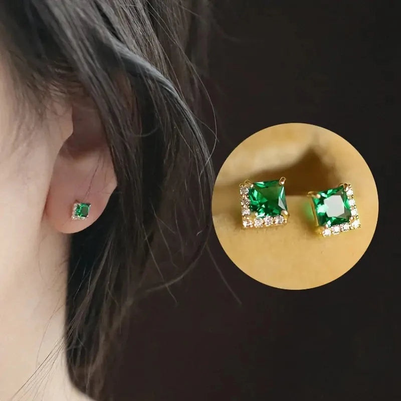 White/Green Princess CZ Stud Earrings for Women Dainty Temperament Female Earrings Luxury Trendy Jewelry