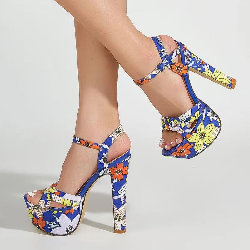 Mixed Colors Flowers Print Platform Sandals Women Weave Narrow Band Open Toe 14CM Super High Heels Party Banquet Shoes - EUFASHIONBAGS