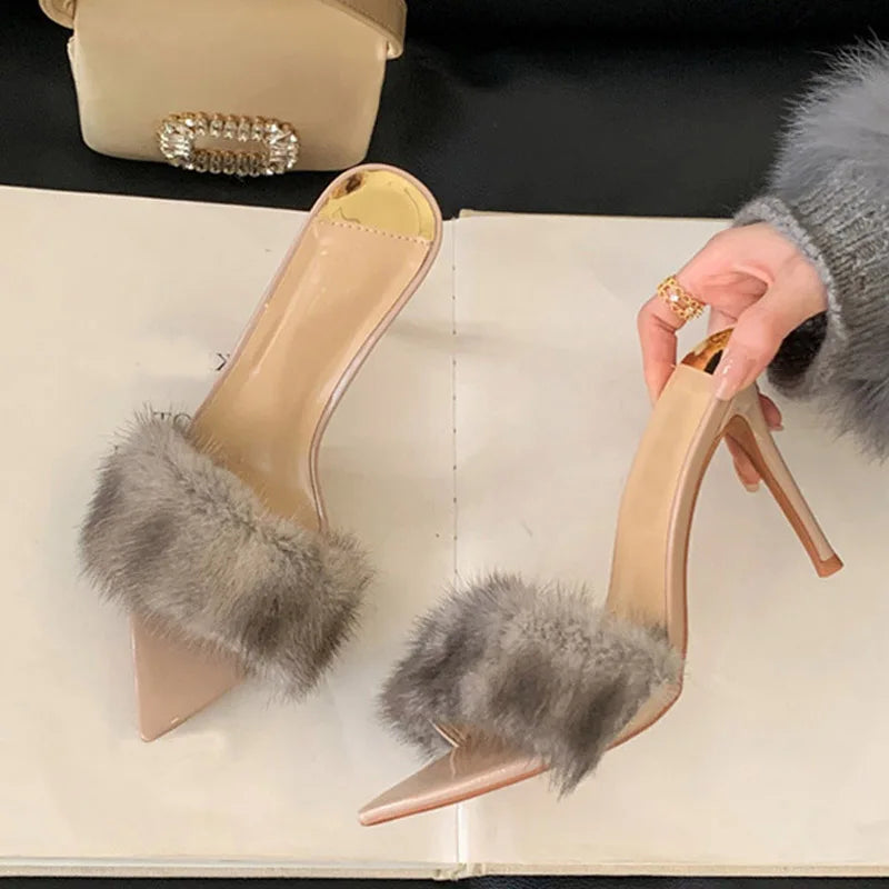 Summer Party Banquet High Heels Modern Slippers Women White Fluffy Feathers Designer Sandals Sexy Pointed Toe Mules Shoes - EUFASHIONBAGS