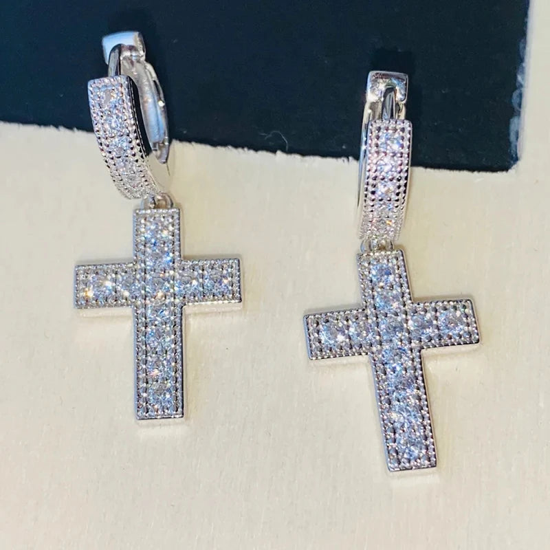 Dazzling Cross Pendant Earrings for Unisex Stylish Male Hiphop Accessories with Bright Zirconia Luxury Jewelry for Women