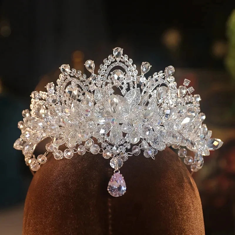 Baroque Luxury Crystal Beads Bridal Tiaras Cubic Zircon Crown Rhinestone Pageant Diadem Bride Headpiece Wedding Hair Accessories