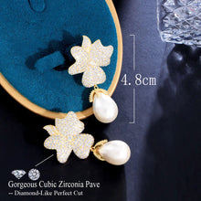 Charger l&#39;image dans la galerie, Fancy Cubic Zirconia Big Leaf Flower Shape Dangle Drop Long Pearl Earrings b171