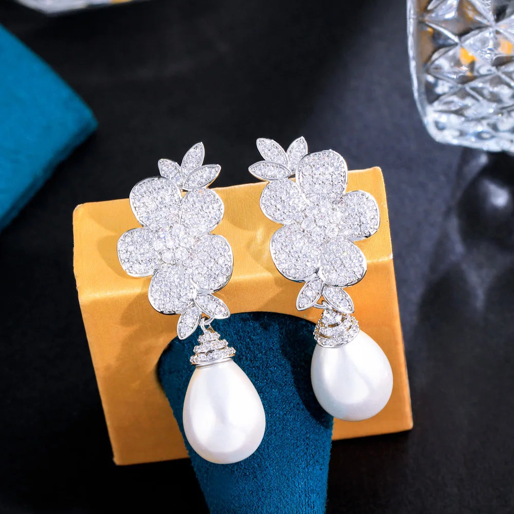 Micro Paved White Cubic Zirconia Flower Long Dangle Drop Pearl Earrings for Women Engagement Wedding Jewelry - EUFASHIONBAGS