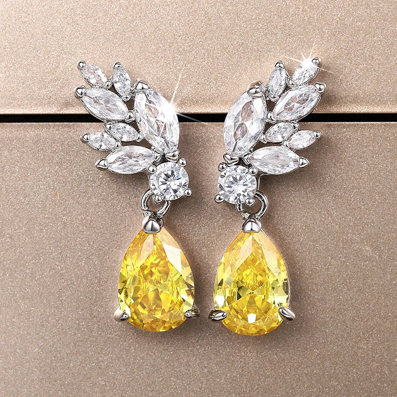 Bright Yellow Pear Cubic Zirconia Dangle Earrings Women Wedding Gorgeous Elegant Lady Earrings Fancy Gift Fashion Jewelry - EUFASHIONBAGS