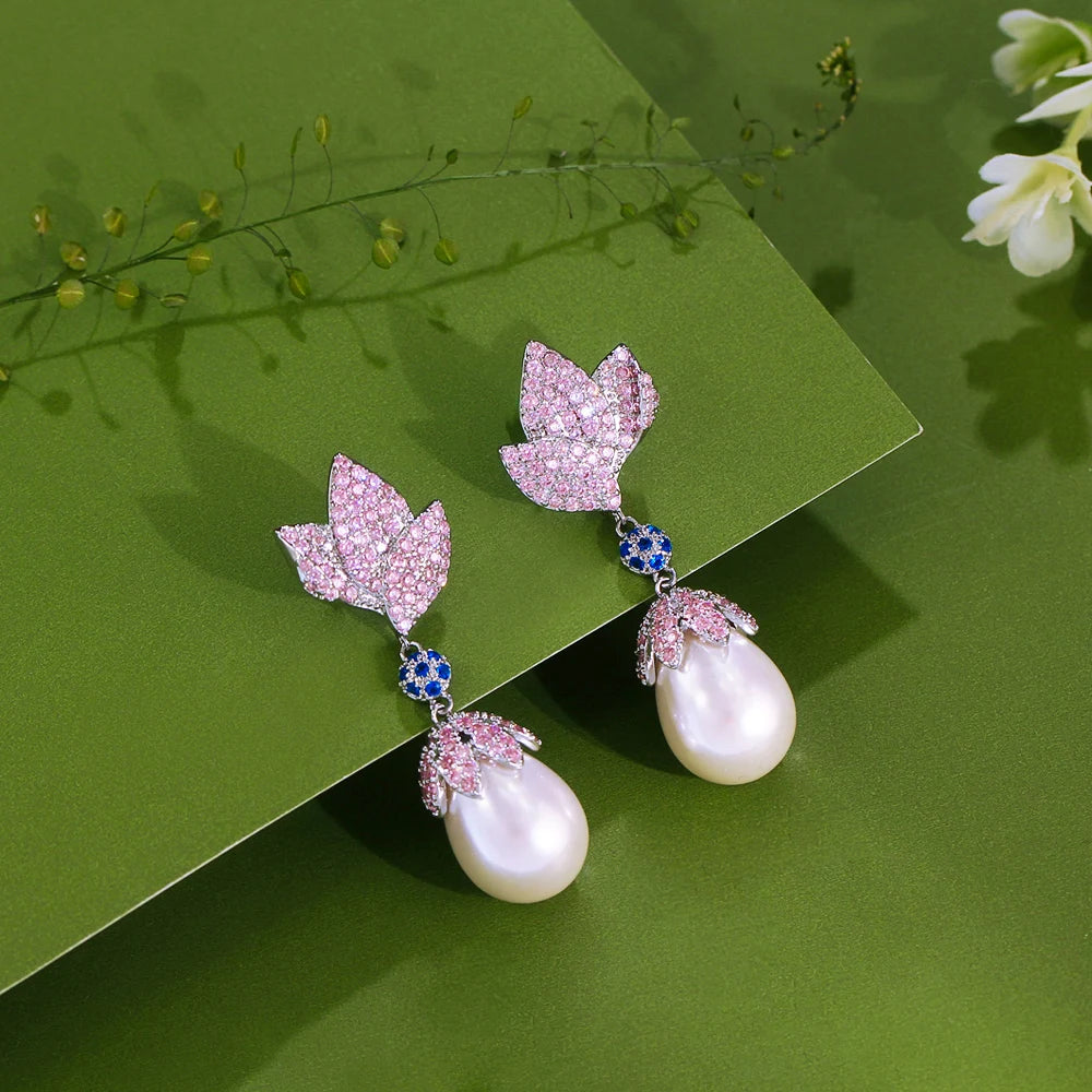 Shiny Pink Cubic Zirconia Flower Leaf Shape Long Dangle Drop Pearl Women Wedding Engagement Party Earrings - EUFASHIONBAGS