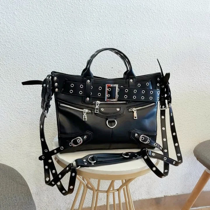 Rivet Black Tote Bag Women Y2k Grunge Vintage Large Crossbody Bags Ladies Moto Biker Luxury Designer Handbag