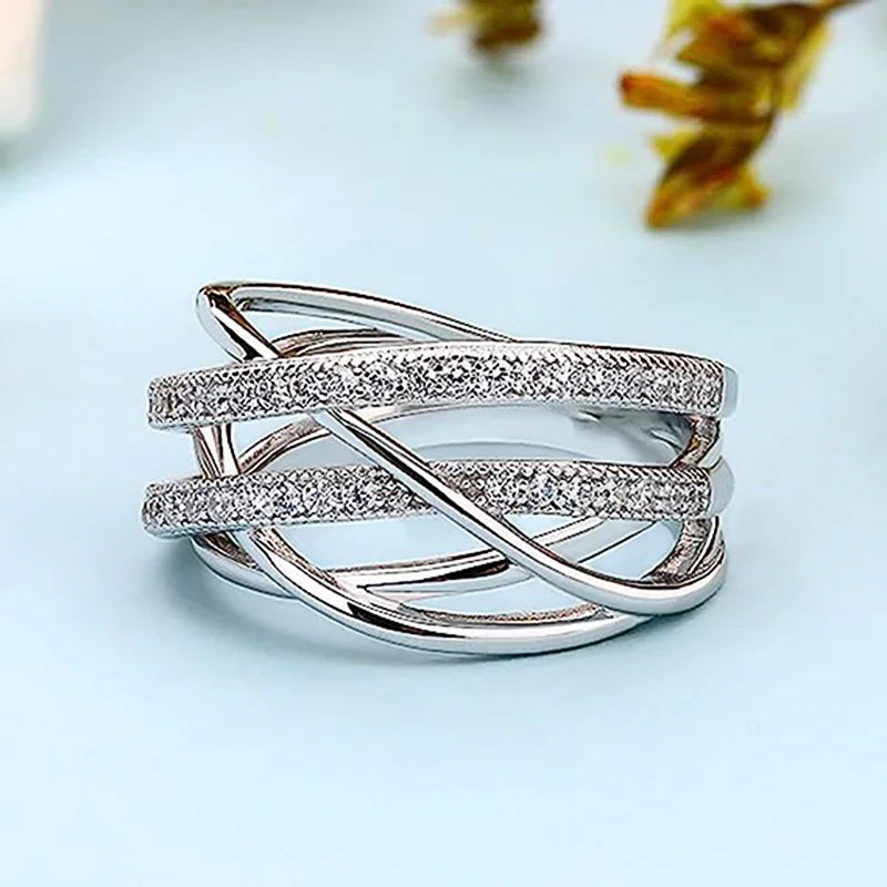 Silver Color Multi-cross Finger Ring with Shiny Crystal CZ Modern Fashion Female Rings Daily Wear Party Statement Jewelry - EUFASHIONBAGS