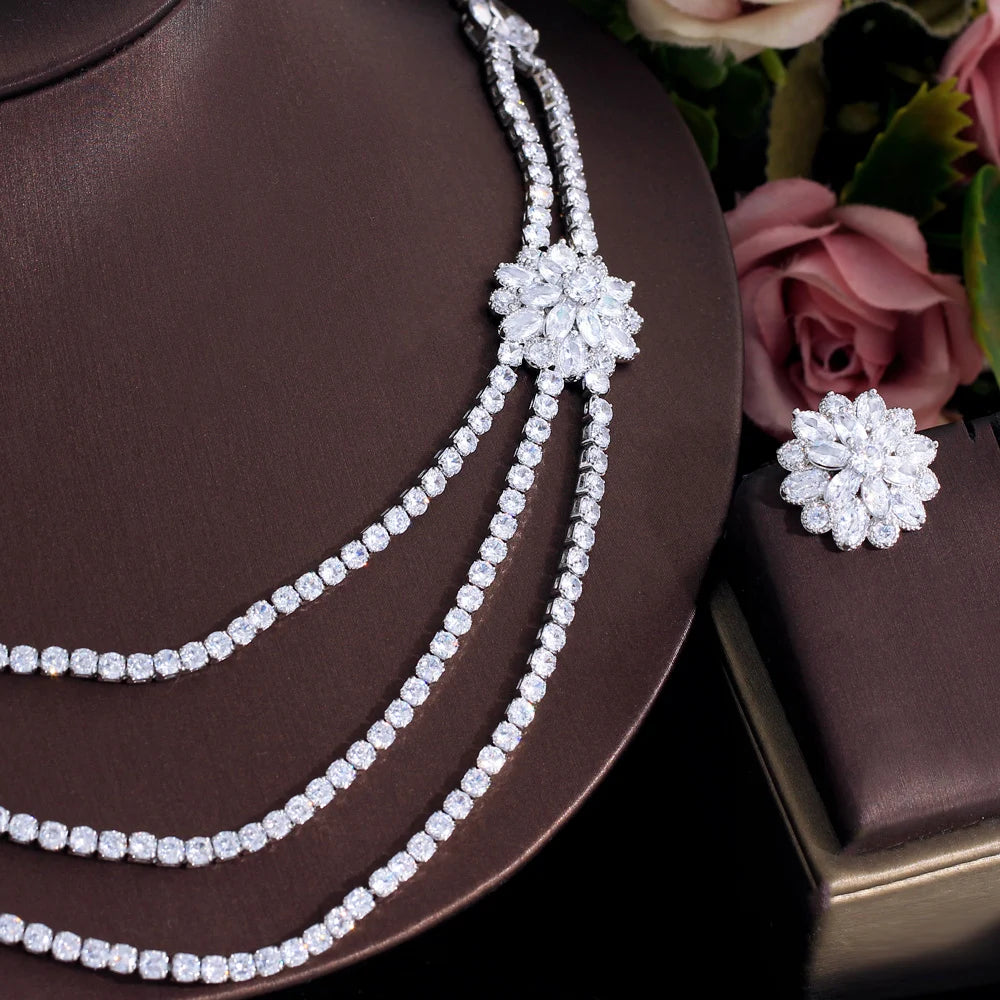 White Cubic Zirconia Big Flower Multi Layered Necklace Wedding Party Costume Jewelry Sets for Brides - EUFASHIONBAGS