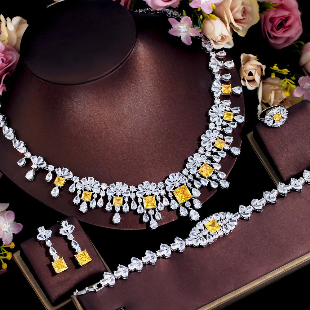 4pcs Dubai Cubic Zirconia Paved Flower Fringed Expensive Luxury Chunky Wedding Bridal Jewelry Sets for Women - EUFASHIONBAGS