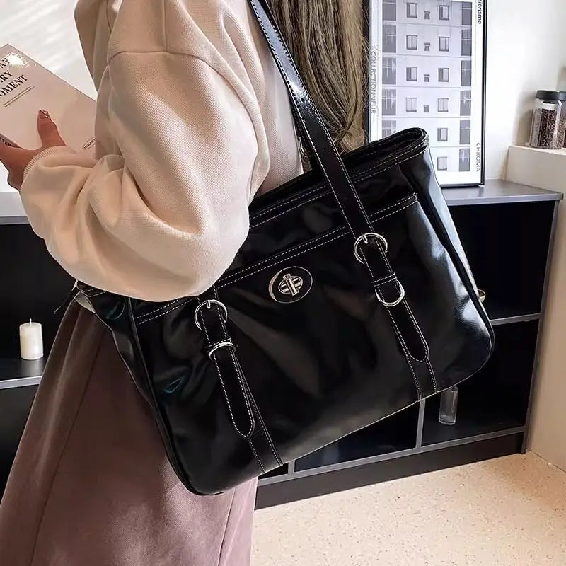 Large Black Tote Bag Women High Street Pu Leather Chic Casual Handbag Female Vintage Shoulder Bags Bolso Mujer - EUFASHIONBAGS