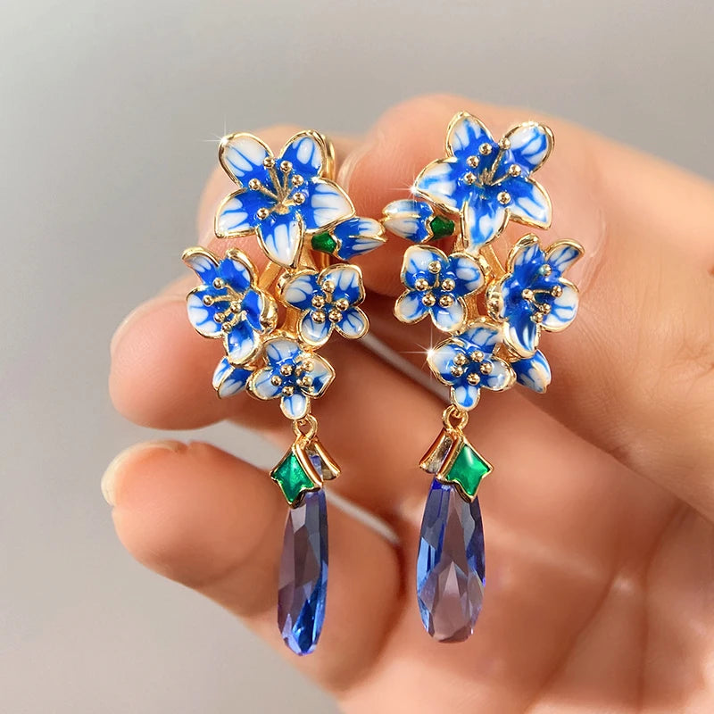 Aesthetic Blue Flower Enamel Earrings for Women Luxury Trendy Gold Color Wedding Party Romantic Lady Earrings New Jewelry - EUFASHIONBAGS