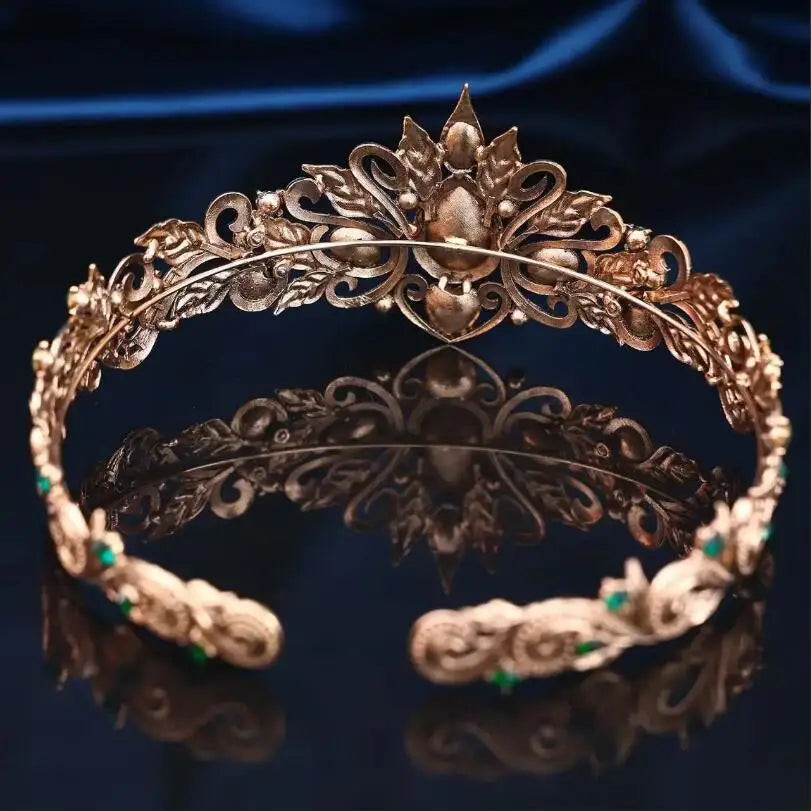 Vintage Bronze Emerald Green Fairy Crown Tiaras Crystal Leaves Elf Tiara Bandana Hair Accessories for Women Costume Hair Jewelry