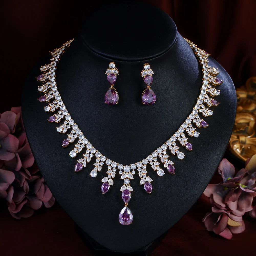 Luxury Gold Plated Purple Cubic Zirconia Big Chunky Water Drop Wedding Necklace Pageant Bridal Jewelry Sets - EUFASHIONBAGS