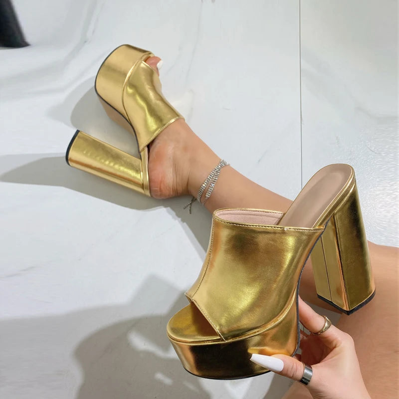 Sexy Thick Bottom Square Toe Chunky High Heels Platform Slippers For Women Party Banquet Shoes Gold Sandals Zapatos Mujer - EUFASHIONBAGS