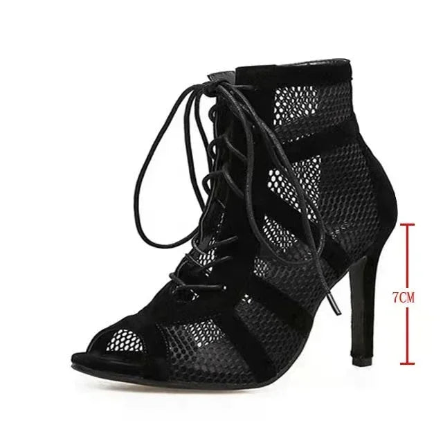 Sexy Mesh Heeled Sandals Women Cross-Strap Fish Mouth Cool Boots Female Size 35-43 Lace-up Fashion  Dance Shoes Zapatos De Mujer