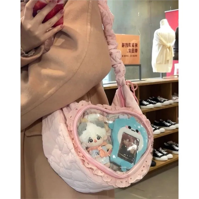 Heart Transparent Ita Bags Handbag Women Japanese Lace Soft Casual Crossbody Bags Sweet Cute Messenger Bag Y2k