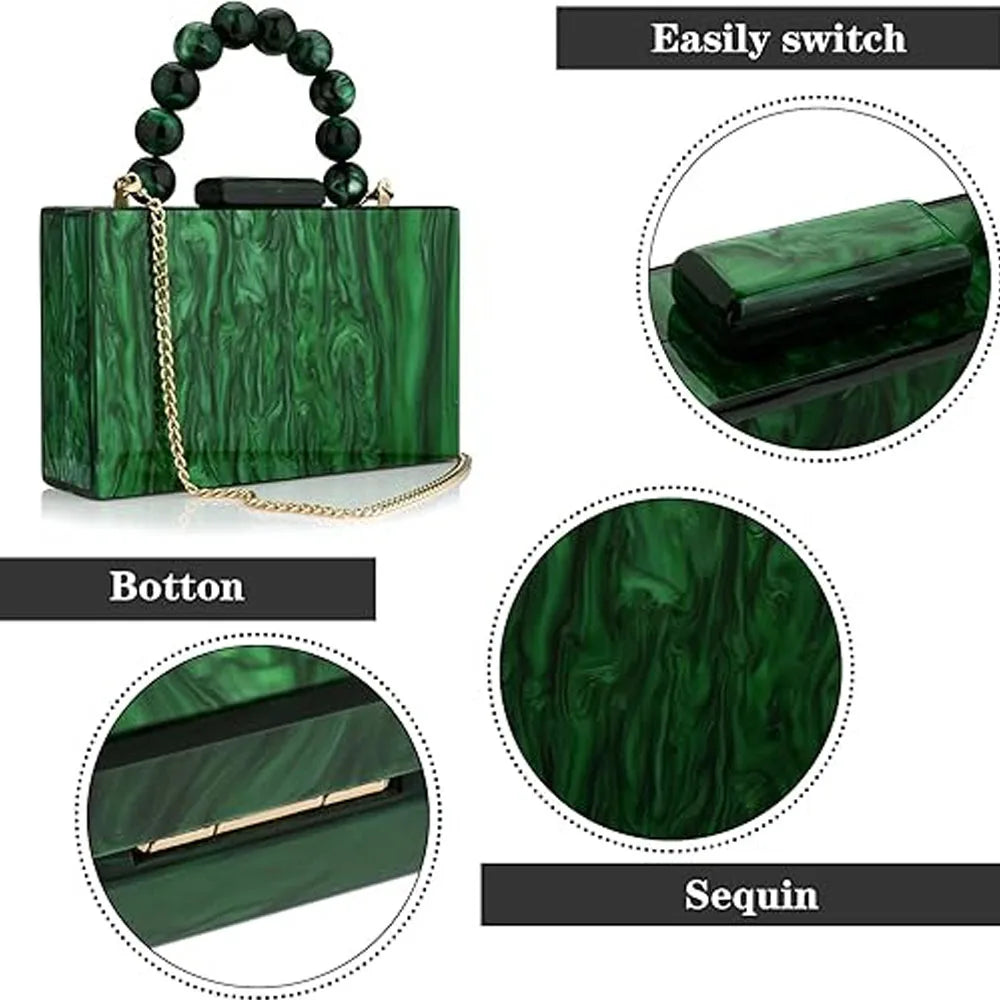 Pearl Marble Dark Green Acrylic PVC Evening Bags Women Luxury Crossbody Bag Purses And Handbags Wedding Party Beach Flap - EUFASHIONBAGS