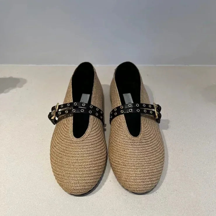 Woven Ballet Flat Shoes Women Brand Designer Shoes Female Belt Buckle Breathable Comfy Casual Twine Round Head Mary Jane Pumps