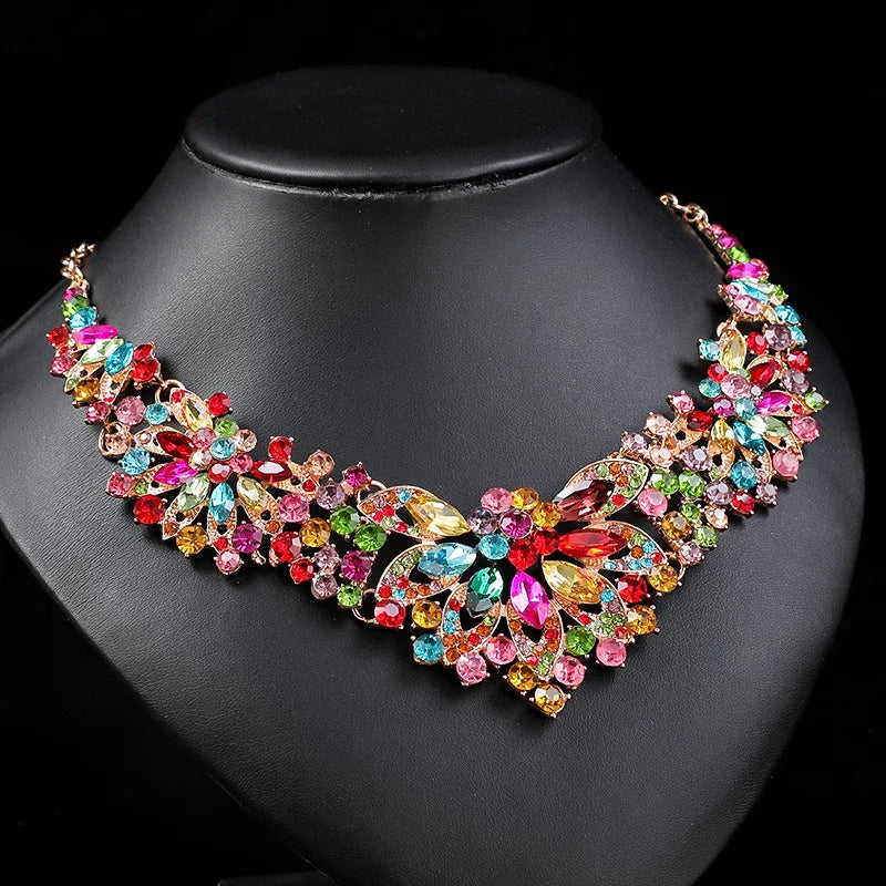 Luxury Exquisite Leaves Colorful Crystal Jewelry Sets For Women Wedding Party Jewelry Accessories Stud Earrings & Necklace Set - EUFASHIONBAGS