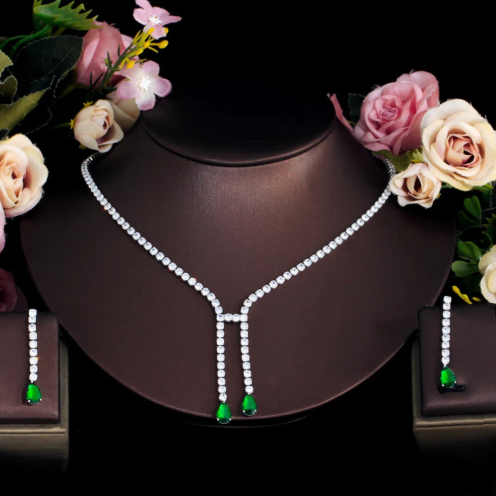 Simple Fashion Dangling Drop Green Cubic Zirconia Women Party Wedding Necklace Jewelry Sets for Brides Accessory - EUFASHIONBAGS