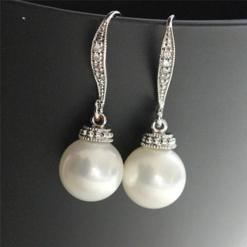 New Trend Imitation Pearl Dangle Earring for Women Luxury Silver Color Bling Cubic Zirconia Fashion Elegant Lady Jewelry