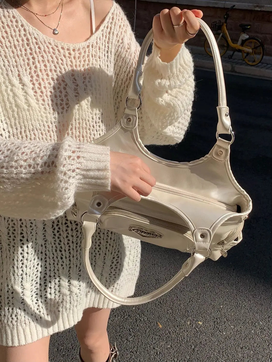 Fairycore Aesthetic Y2k Bag Women Hot Girls Versatile Chain Chic White Underarm Bag Purse Sweet Handbag - EUFASHIONBAGS