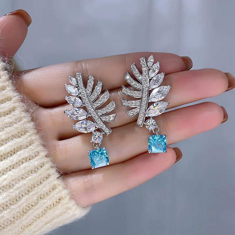 Sparkling Leaf Shaped Drop Earrings with Sky Blue CZ Ear Accessories for Women Wedding Trendy Jewelry - EUFASHIONBAGS