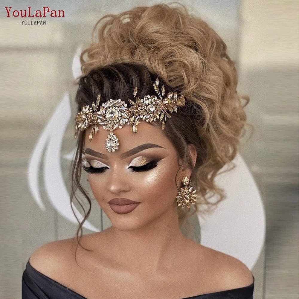 Golden Bridal Headband Forehead Crown for Wedding Hair Accessories Rhinestone Bride Tiara Women Headdresses HP440 - EUFASHIONBAGS