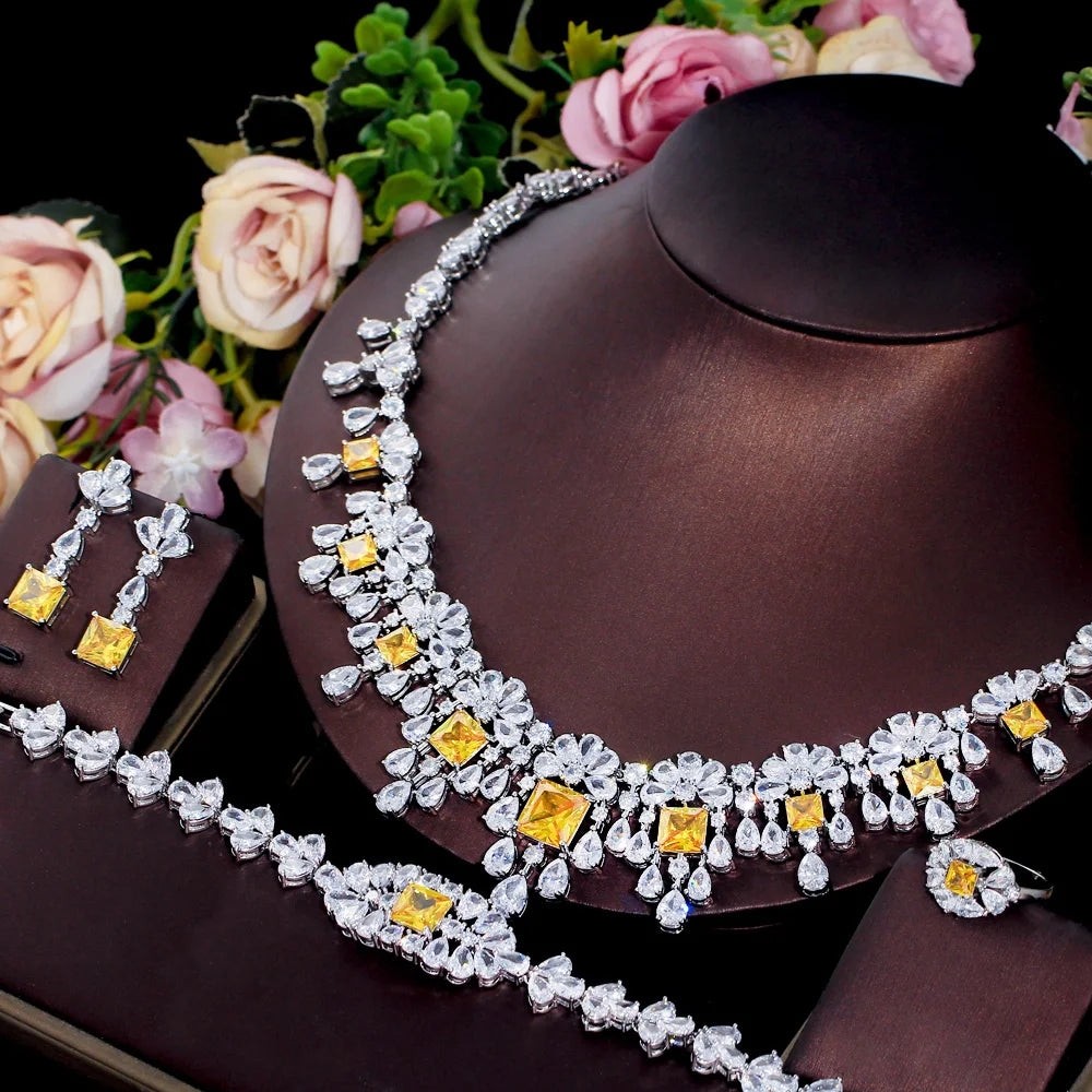 4pcs Dubai Cubic Zirconia Paved Flower Fringed Expensive Luxury Chunky Wedding Bridal Jewelry Sets for Women - EUFASHIONBAGS