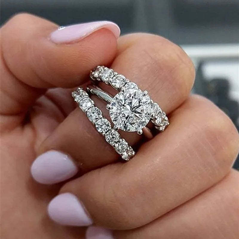 New Wedding Set Rings for Women Luxury Paved Brilliant Cubic Zirconia 3Pcs Crystal Fashion Rings Female Jewelry - EUFASHIONBAGS