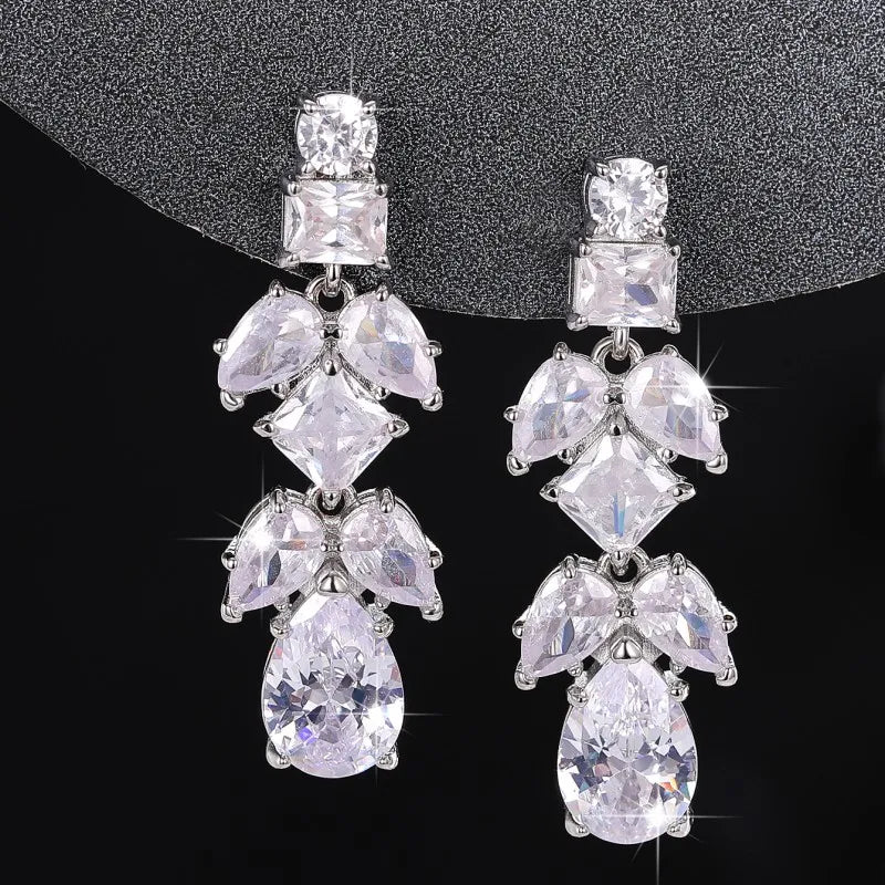 Trendy Leaf Shape Silver Color Earrings for Women Crystal CZ Exquisite Lady's Ear Dangle Earrings Wedding Party Jewelry - EUFASHIONBAGS