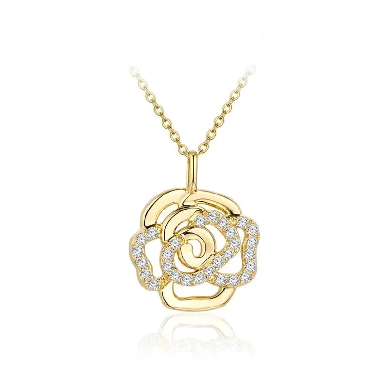 Aesthetic Camellia Flower Necklace Women for Wedding Luxury Gold Color Pendant Necklace with CZ Fancy Gift Trendy Jewelry - EUFASHIONBAGS