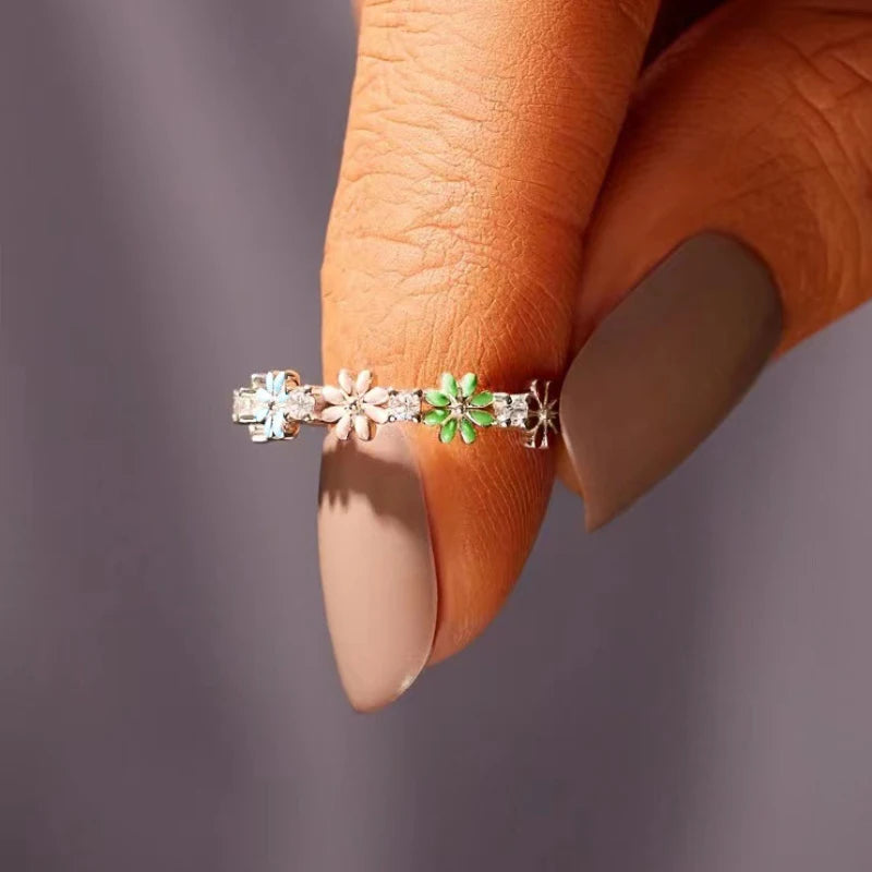 Sweet Lady Colorful Flower Finger Ring Aesthetic Shiny Zirconia Jewelry for Engagement Teen Girls Everyday Accessories