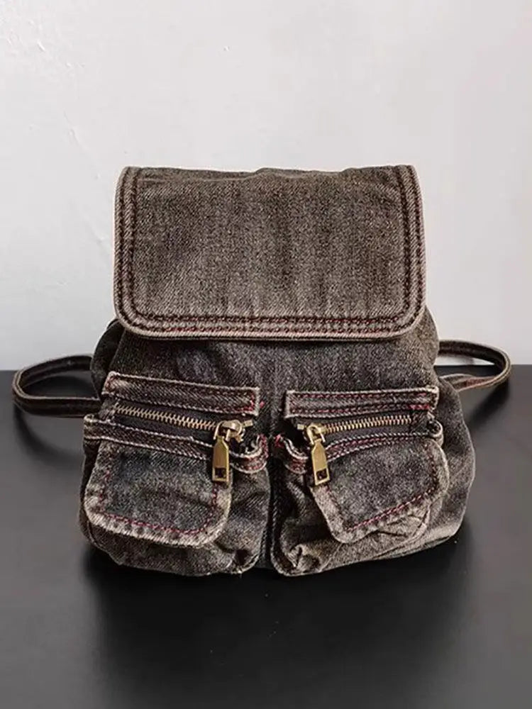 Vintage Denim Mini Backpack Women 2025 Retro High Street Pocket Chain Chic Y2k Mochila Girls Casual Backpacks Aesthetic - EUFASHIONBAGS