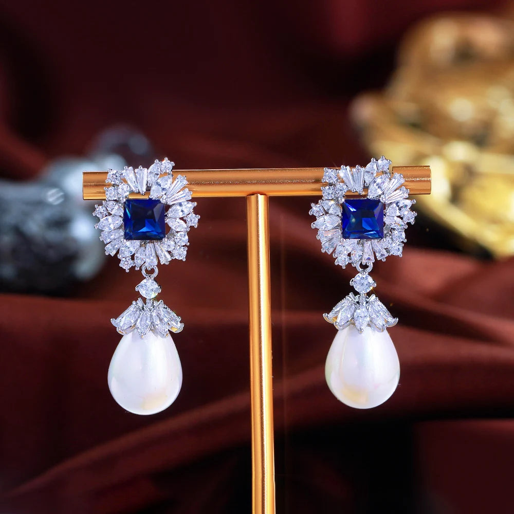 Sparkling Dark Blue Cubic Zirconia Dangling Drop Pearl Long Wedding Banquet Engagement Party Earrings for Women - EUFASHIONBAGS