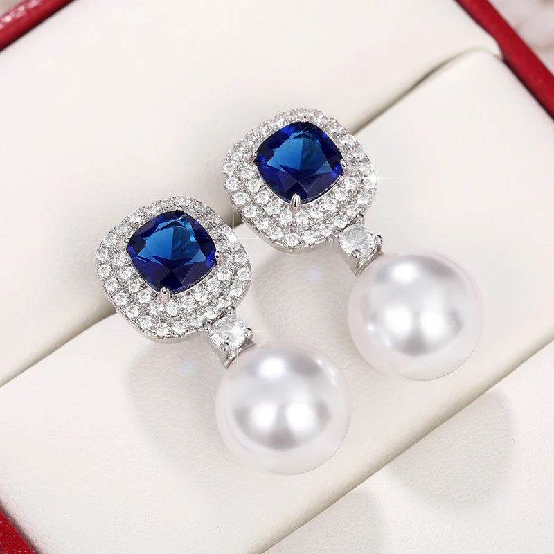 Aesthetic Women's Simulated Pearl with Blue/White Cubic Zirconia Luxury Trendy Female Ear Accessories Wedding Jewelry New