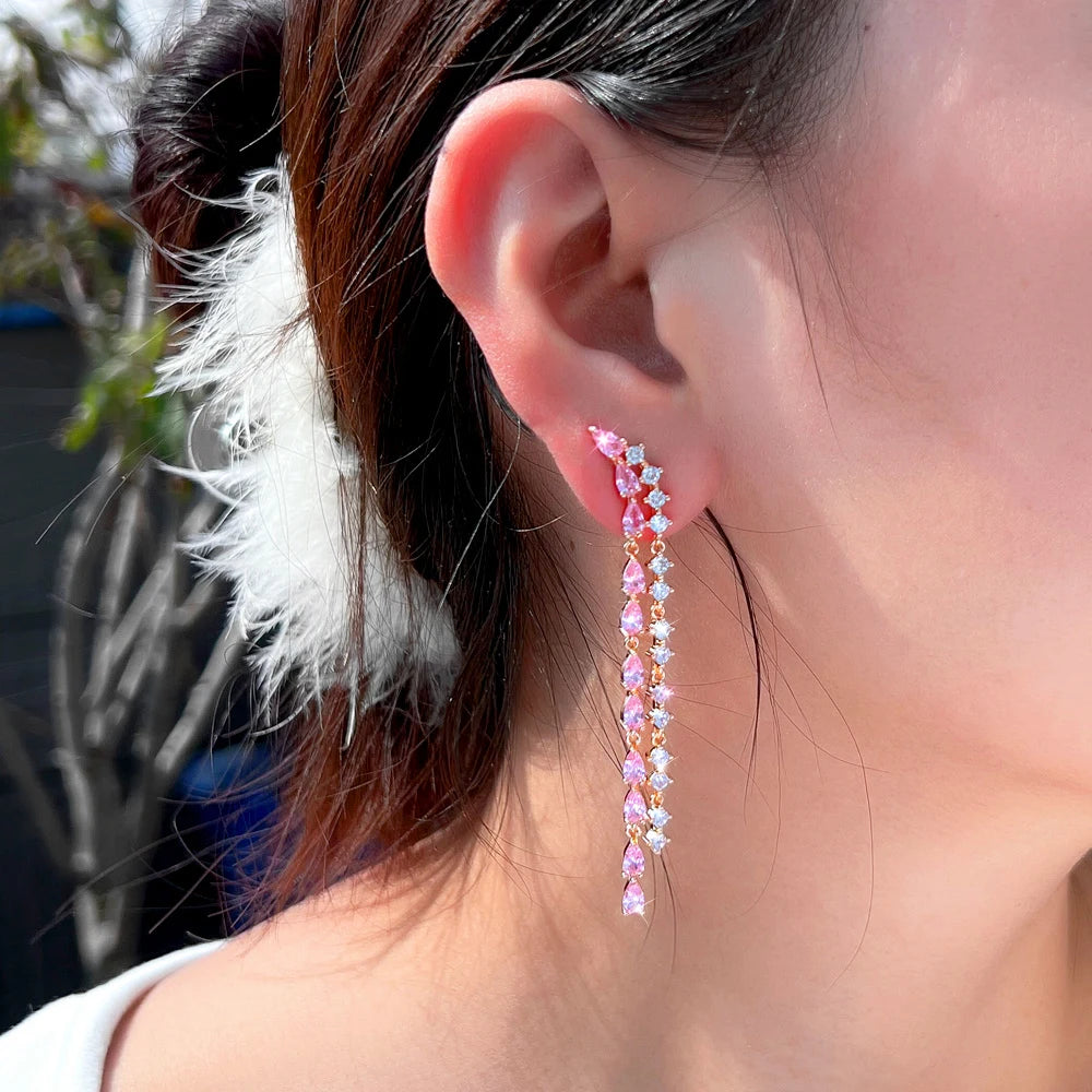 Extra Long Dangling Drop Pink Cubic Zirconia Tassel Ear Line Earrings for Women Daily Party Engagement Jewelry - EUFASHIONBAGS