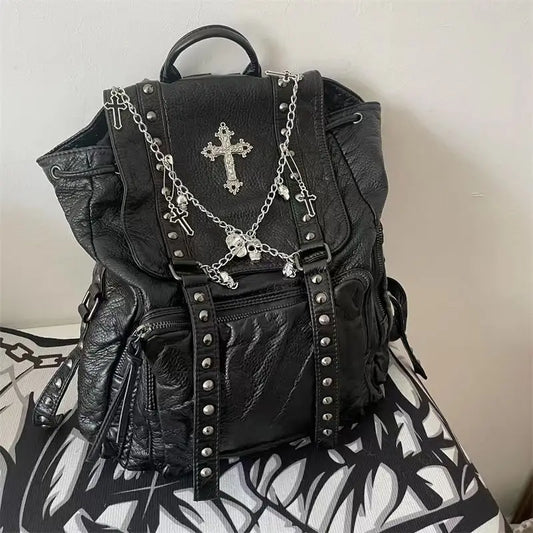 Grunge Rivet Y2k Backpack Women Gothic Subculture Punk Cross Black Mochila Vintage Backpacks Aesthetic - EUFASHIONBAGS