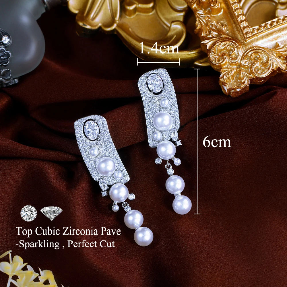 Symmetrical Luxury Chunky White Cubic Zirconia Paved Long Dangle Drop Pearl Wedding Pageant Engagement Earrings - EUFASHIONBAGS