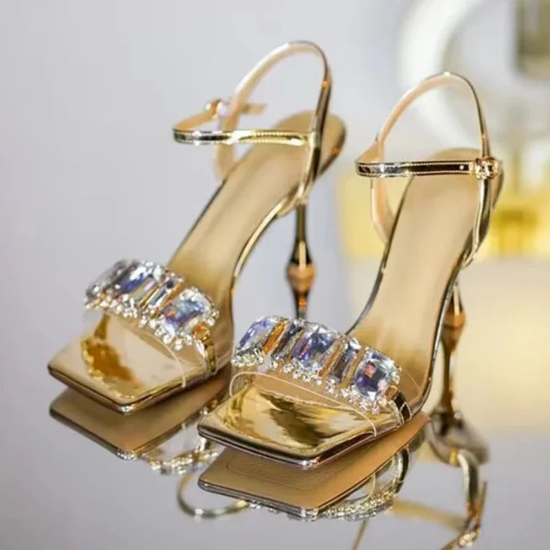 Luxury Diamond High Heels Women 2025 Summer Square Toe Shiny Crystal Sandals Woman Ankle Straps Elegant Party Pumps Women Shoes