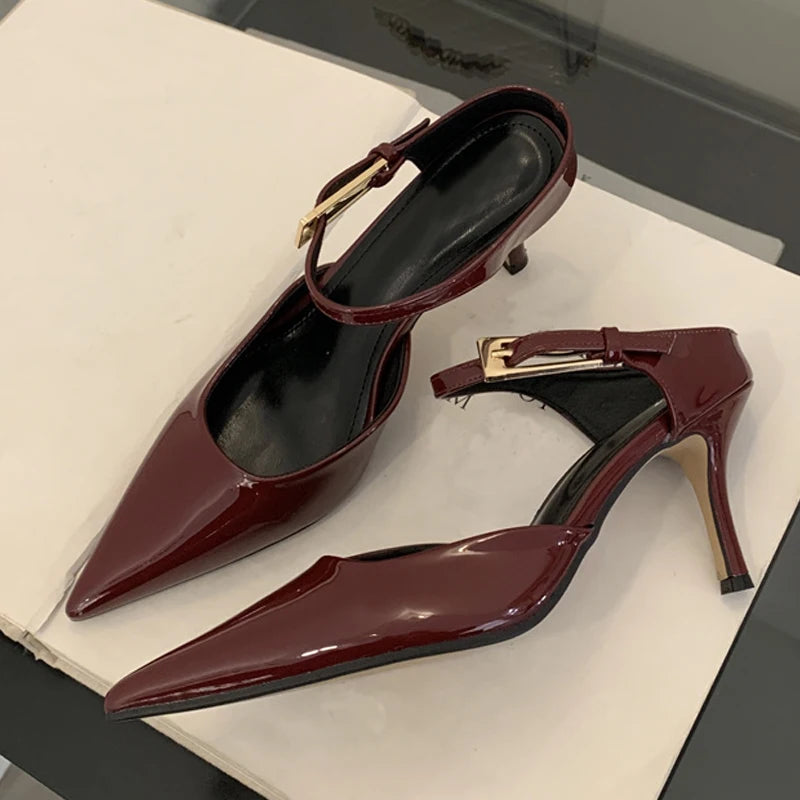 Cozy Patent Leather High Heels Woman Pumps Buckle Strap Mules Slipper Sexy Pointed Toe Wedding Banquet Female Shoes Sandal