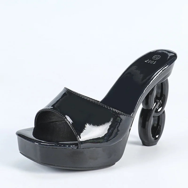 New Chic Strange Fretwork Heels Platform Slippers Black Patent Leather Summer Sandals Women Sexy Square Toe Party Shoes