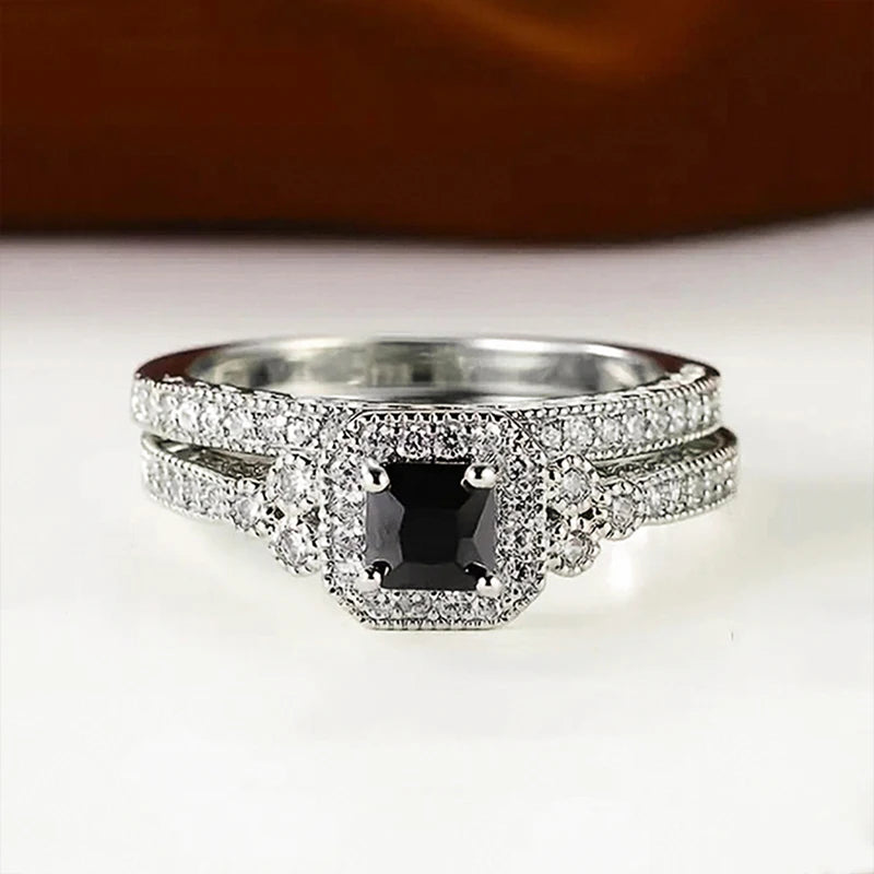 Princess White/Black Set Rings for Women 2Pcs Luxury Cubic Zircon Wedding Accessories Temperament Elegant Female Jewelry