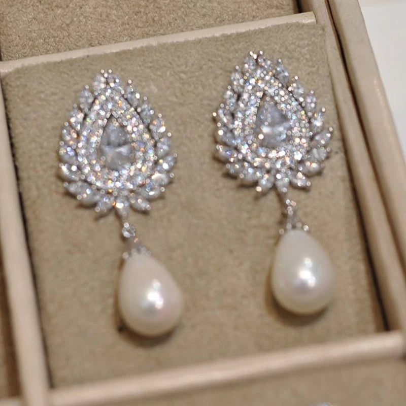 Luxury Temperament Women's Imitation Pearl Earrings Full Paved Bling White CZ Stone New Fashion Wedding Jewelry Drop Ship - EUFASHIONBAGS